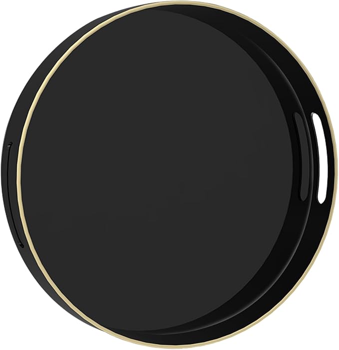 MAONAME Black Decorative Tray for Coffee Table, Modern Round Serving Tray with Handles, 13" Plastic Tea Trays for Ottoman, Bathroom Decor