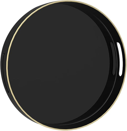 MAONAME Black Decorative Tray for Coffee Table, Modern Round Serving Tray with Handles, 13" Plastic Tea Trays for Ottoman, Bathroom Decor