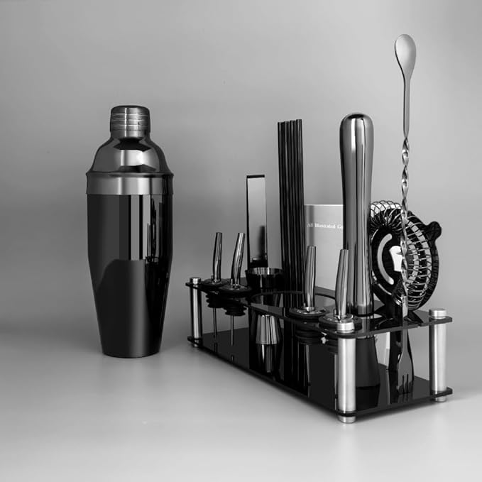14-Piece Cocktail Shaker Set Bartender Kit with Black Stand, Bar Tool Set for Drink Mixing Bartending Kit Bar Sets Accessories: 750ml(25oz) Shaker, Jigger, Muddler, Cocktail Recipes (Black)