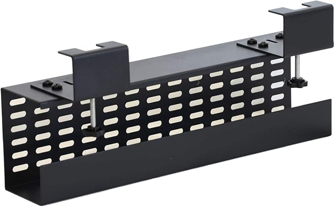 AEONS Under Desk Cable Management Tray Black Horizontal 16-inch Under Desk Removable C Clamp Mount Computer Cord Raceway and Modesty Panel