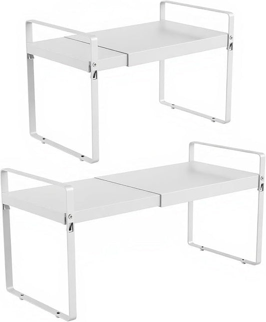 Expandable Cabinet Shelf Organizer 14-25 Inch Adjustable Length, 11" Wide 2-Tier (8" Bottom Layer) Metal Storage Rack for Kitchen Pantry, Under Sink Countertop - Heavy Duty White(2 Pack)