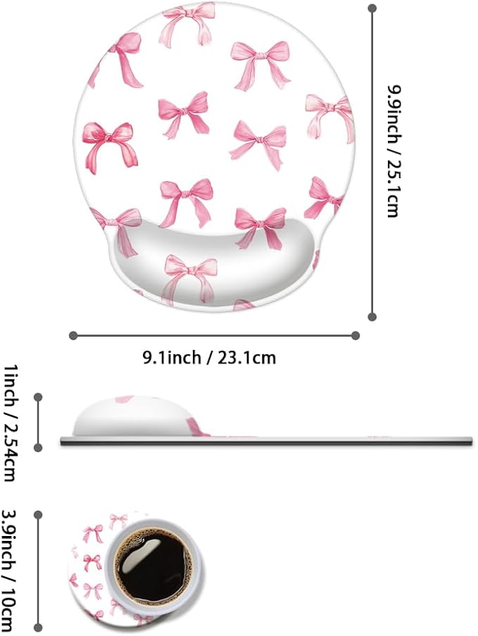 Mouse Pad with Wrist Support, Ergonomic Mouse Pad with Memory Foam Wrist Rest Cushion, Non-Slip Rubber Base Gaming Mice Pad for Home Office Computer Laptop,Pink Bow