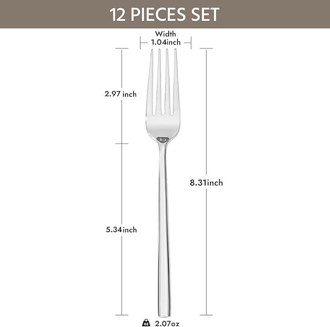 KINGSTONE Dinner Forks Set, 12-Piece Silverware Flatware Cutlery Dessert Forks (8.3-Inch), Forged Food-Grade Stainless Steel, Mirror Finish & Dishwasher Safe, Use for Kitchen, Home, Wedding, Party