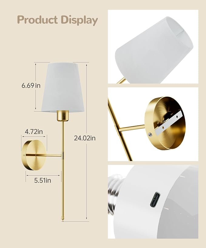 Battery Operated Wall Sconce Set of 2,Rechargeable Wall Lights with Dimmable Detachable Bulbs and Remote,15 Colors Wireless Wall Lamps for Bedroom Living Room Hallway,Gold(2 Pack)