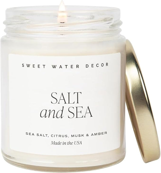 Sweet Water Decor Salt and Sea Candle - Sea Salt, Musk, and Amber Scents - Beach Candles and Decor for Home - 9oz. Clear Jar Soy Candle, Made in The USA
