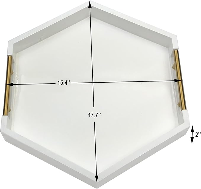 Serving Tray with Polished Metal Handles, Hexagon Coffee Table Tray, Modern Rectangle Decorative Tray, Large Ottoman Tray, Perfect for Storage and Display (White Hexagon)