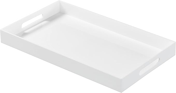Glossy White Acrylic Serving Tray with Handles-Lucite Tray for Ottoman,Coffee Table, Breakfast, Tea, Food, Butler - Decorative Tray (12x20 Inch, White)