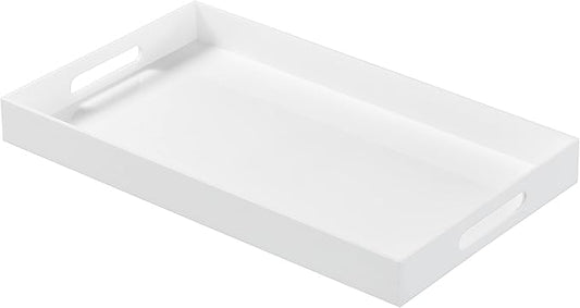 Glossy White Acrylic Serving Tray with Handles-Lucite Tray for Ottoman,Coffee Table, Breakfast, Tea, Food, Butler - Decorative Tray (12x20 Inch, White)