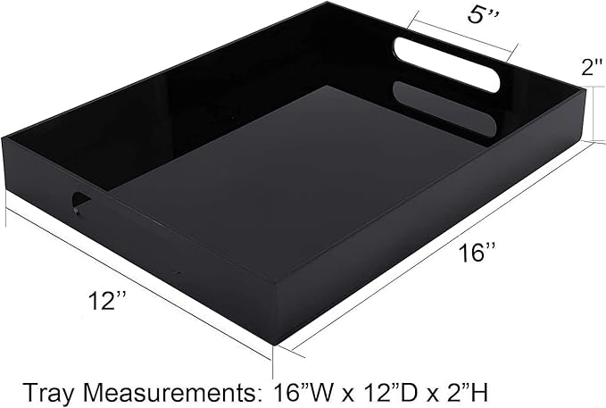 Durable Rectangular Breakfast Serving Tray - 5MM Thick Waterproof Acrylic Serving Platter with Handles for Coffee, Tea, Food - Elegant Decorative Tray (Black Tray-16''x12'')