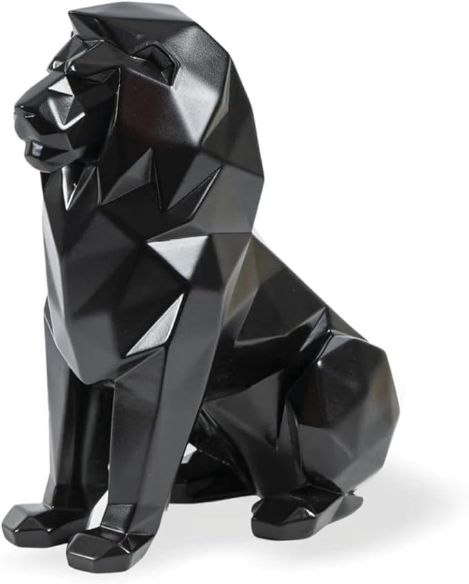 Black Lion Statue for Home Decor Geometric Style Sitting Black Lion Figurine Home Decorative Showpiece, Lion Idol for Office Decoration, Handmade Animal Statue Resin, Size 7.67 inch
