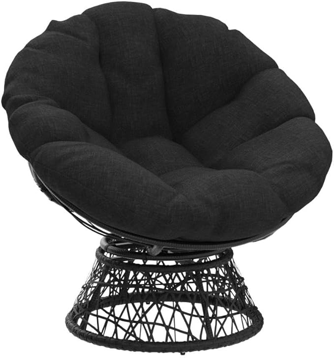 Bme 40" Ergonomic Wicker Papasan Chair with Soft Thick Density Fabric Cushion, High Capacity Steel Frame, 360 Degree Swivel for Living, Bedroom, Reading Room, Lounge, Onyx Stone - Black Base