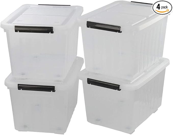 30 L Clear Large Storage Box, 4-Pack Plastic Storage Bins with Lids and Wheels