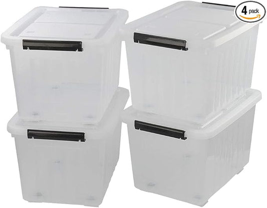 30 L Clear Large Storage Box, 4-Pack Plastic Storage Bins with Lids and Wheels