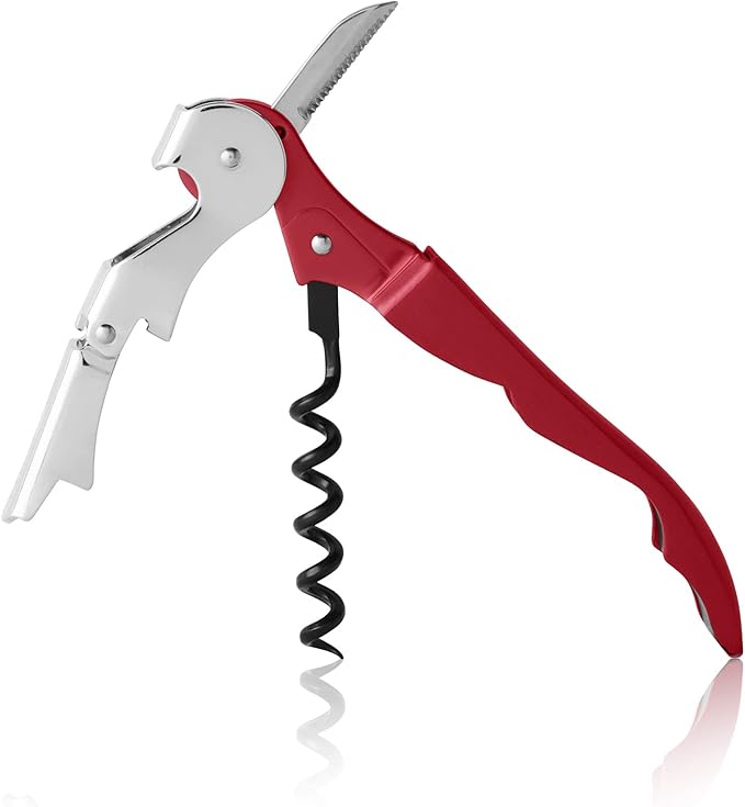 True Brands TrueTap Double Hinged Waiters Corkscrew, Top-notch Stainless Steel Opener with Foil Cutter Built to Last Wine Key Red, Set of 1