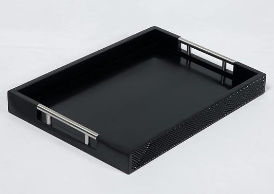 Serving Tray with Polished Metal Handles, 16.5''x12'' Rectangle Coffee Table Tray, Modern Decorative Tray, Large Ottoman Tray, Perfect for Storage and Display (Black)