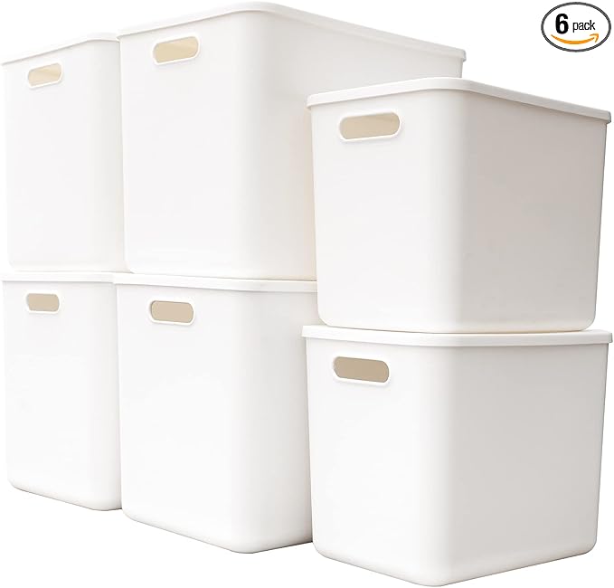 Plastic Storage Baskets Bins Boxes With Lids,Organizing Container White Storage Organizer Bins For Shelves Drawers Desktop Playroom Classroom Office,6-Pack(4XL+2L)