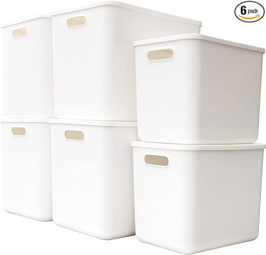 Plastic Storage Baskets Bins Boxes With Lids,Organizing Container White Storage Organizer Bins For Shelves Drawers Desktop Playroom Classroom Office,6-Pack(4XL+2L)