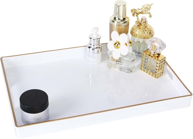 Zosenley Decorative Tray, Rectangular Plastic Tray with Handles, Modern Vanity Tray and Serving Tray for Bathroom, Kitchen, Ottoman and Coffee Table, 15.6” x 10.2” (White)