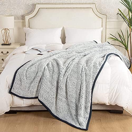 EMME Soft Sherpa Fleece Blanket Queen Size Reversible Plush Fluffy Large Blanket Warm Decorative Boho Cover for Sofa, Couch, Bedroom,Travel(Plush Navy,90"x90")