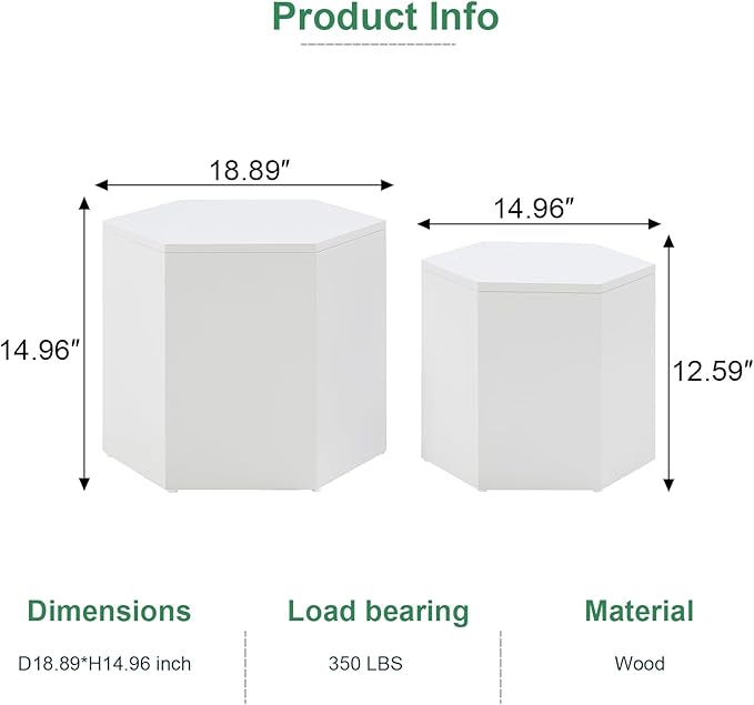 Nesting Coffee Table Set of 2, Wood Round Coffee Table, Modern Hexagon Coffee Table for Small Space Living Room, White