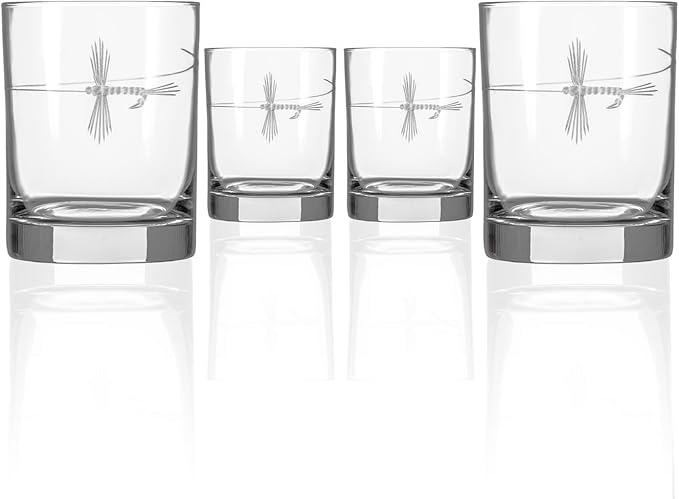 Rolf Glass Fly Fishing Double Old Fashioned Glass | 13oz Engraved Whiskey Tumblers | Set of 4 Lead-Free Crystal Glasses | Made in the US