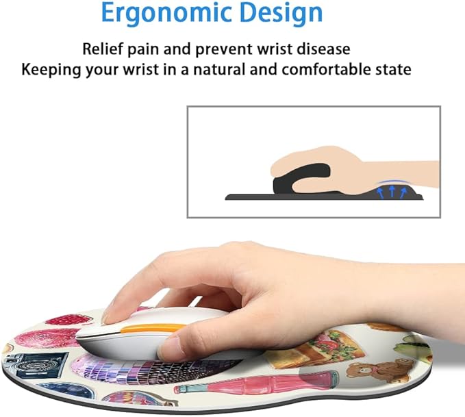Mouse Pad with Wrist Support, Ergonomic Mouse Pad with Memory Foam Wrist Rest Cushion, Non-Slip Rubber Base Gaming Mice Pad for Home Office Computer Laptop,Girly Stickers