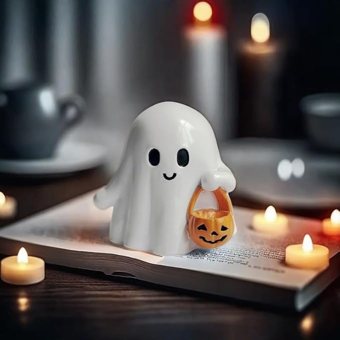 Halloween Ghost Figurine with Pumpkin Bucket, Resin Polished Cute Ghost Statue, Small Tabletop Halloween Ghost Decor for Home, Office, Tiered Tray, Fall Spooky Party Ornament