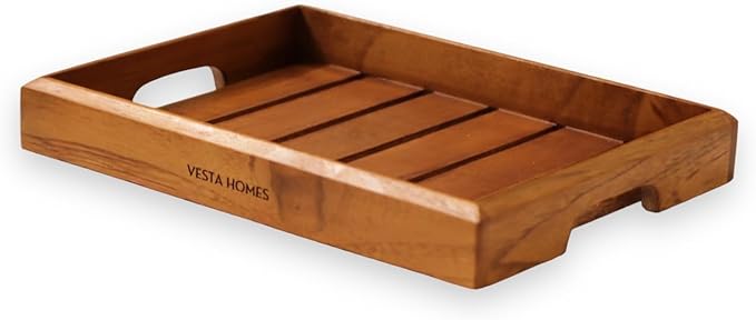 Vesta Homes Medium Teak Wood Serving Tray for Home, Kitchen, Breakfast, Restaurant, Office Organizer, Dining Table | Premium Wooden Tray |12 * 8.5 * 1.5 Inches | Handmade in India