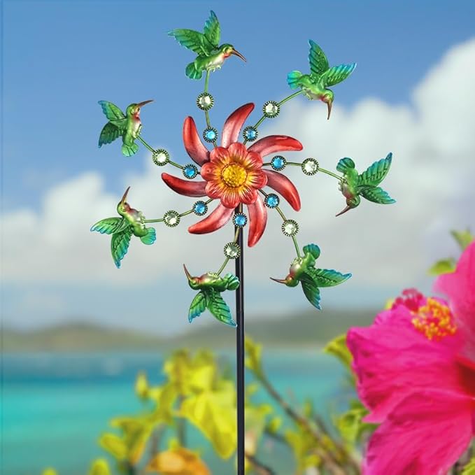 39" Hummingbird Wind Spinner for Yard and Garden Stake,Outdoor Metal Windmill Single Direction Wind Sculptures Kinetic Windmills for Yard Garden Decorations