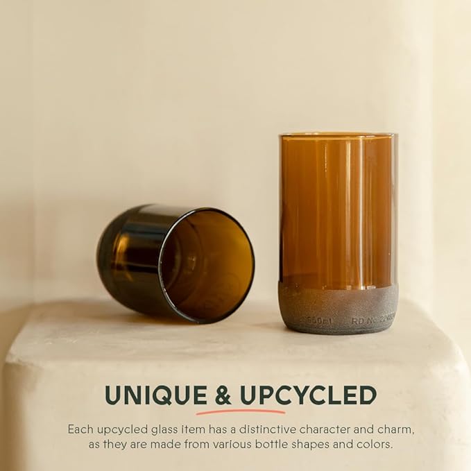 IWAS Upcycled Tall Auburn Drinking Glasses | 350 ML | 12 OZ | Set of 6 | Sustainable Water and Juice Glass For Home | Light Brown Cup | Thick High Ball Modern Amber Glassware | Better Than Recycled