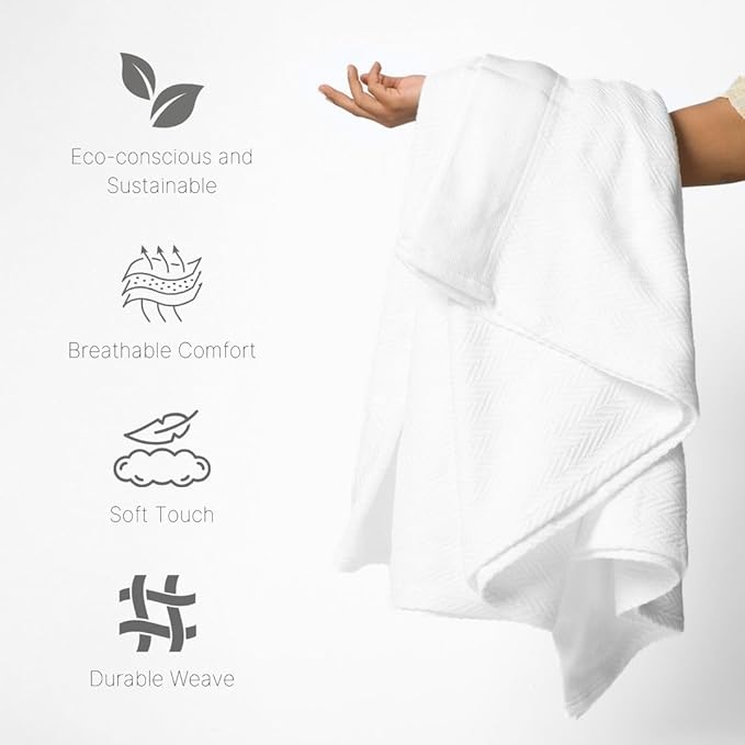 100% Cotton Herringbone Weave Blankets, 108"X90" King, Throw Blanket for Bed, All Season Cotton Blanket, Cozy Blanket,Throws & Bed Blanket, Throw Blanket for Couch, Modern Home Decor - White