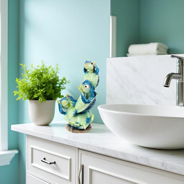 Resin Sea Turtle Statue - Baby Turtle Figurine for Home Decor, Feng Shui Wealth Lucky Charm, Cute Blue Ocean Decor, 9-Inch Tabletop Decoration Gift
