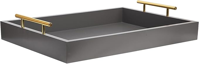 Decorative Coffee Table Ottoman Trays Modern Wood Elegant 16"x12" Rectangle Glossy Shagreen Serving Trays with Gold Metal Handles -Drinks, Liquor Serving Platter for All Occasion's (Grey)