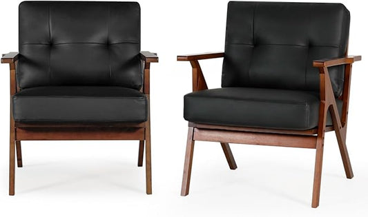 AODAILIHB Accent Chairs Set of 2, Mid Century Modern Accent Chairs, Retro Wood and Leather Armchairs, Lounge Reading Comfy Arm Chair for Living Room, Bedroom, Studio, Office (2, Black)