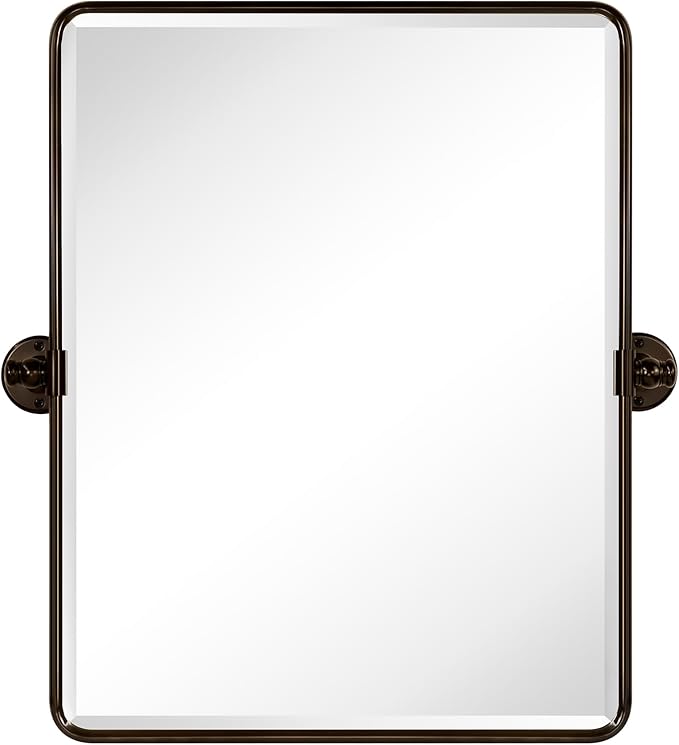 Farmhouse Oil Rubbed Bronze Metal Framed Pivot Rectangle Bathroom Mirror Rounded Rectangluar Tilting Beveled Vanity Mirrors for Wall, Overall 22.91 x 24 inches (Mirrror 19 x 24 inches)