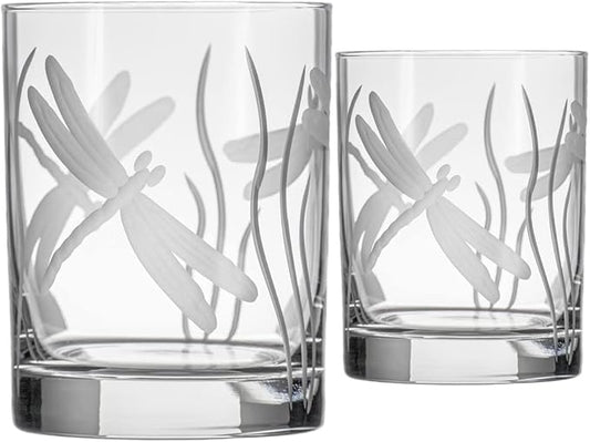 Rolf Glass Dragonfly Double Old Fashioned Glass | 13oz Etched Whiskey Tumbler | Set of 2 | Lead-Free Etched Glassware | Made in the USA (Set of 2)