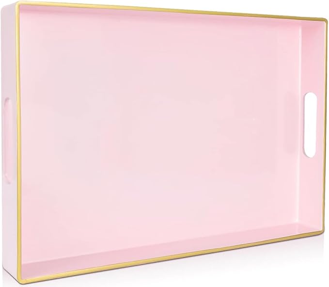 Large Pink Rectangular Decorative Tray – Plastic Serving Tray with Handles for Coffee Table, Ottoman, Living Room, 15.7” x 11.8” x 1.6
