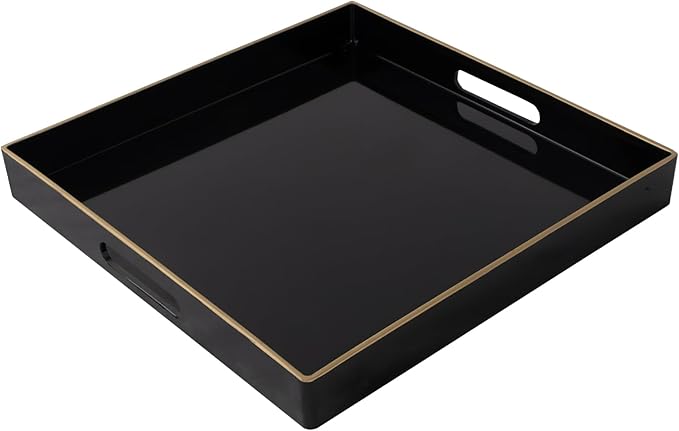 MAONAME Decorative Tray, Black Serving Tray with Handles, Coffee Table Trays, Square Plastic Trays for Ottoman, Bathroom, Kitchen, 13"x13"x1.57"