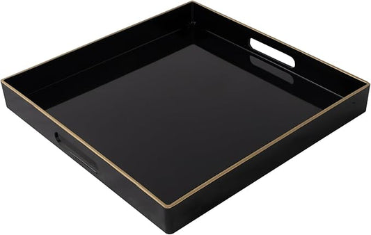 MAONAME Decorative Tray, Black Serving Tray with Handles, Coffee Table Trays, Square Plastic Trays for Ottoman, Bathroom, Kitchen, 13"x13"x1.57"