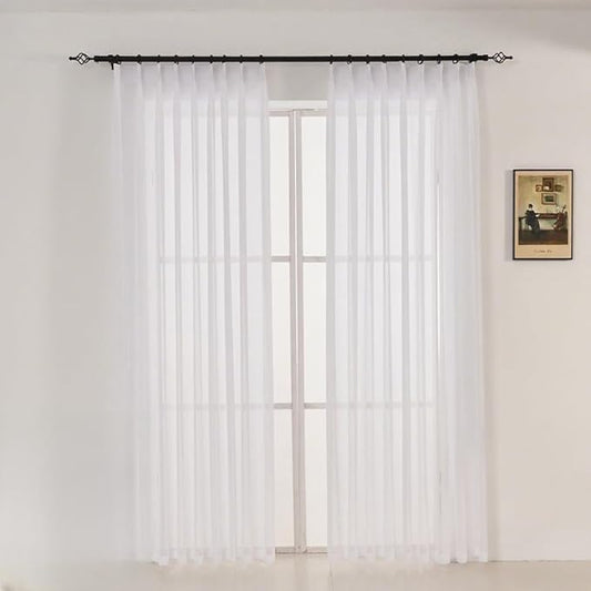 Pure White Curtains 108 Inches Long Pinch Pleated Chiffon Sheer Curtains for Bedroom Living Room 1 Panel Extra Long Light Filterring Semi-Sheer Curtain Pinch Pleat Drapes, W66 x L108
