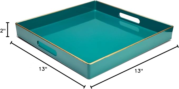 Spsyrine Green Decorative Serving Tray with Handles, 13" X 13" Square Plastic Coffee Table Tray for Ottoman, Living Room, Bathroom, Home Decor.