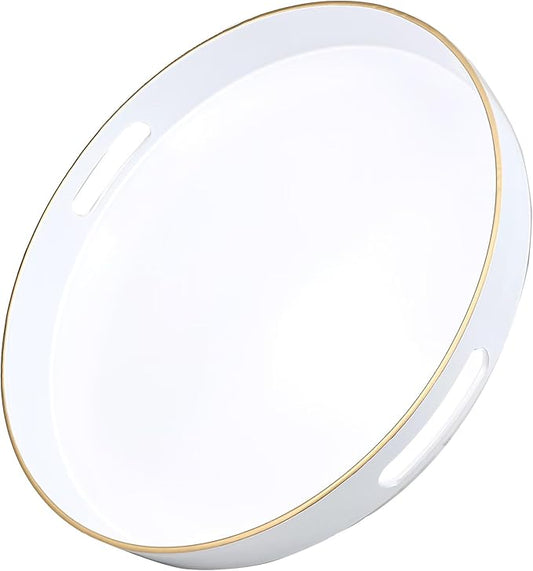 White Round Decorative Tray with Handles, 13" Versatile Serving Tray for Coffee Table, Ottoman, Ideal for Serving, Displaying, Organizing