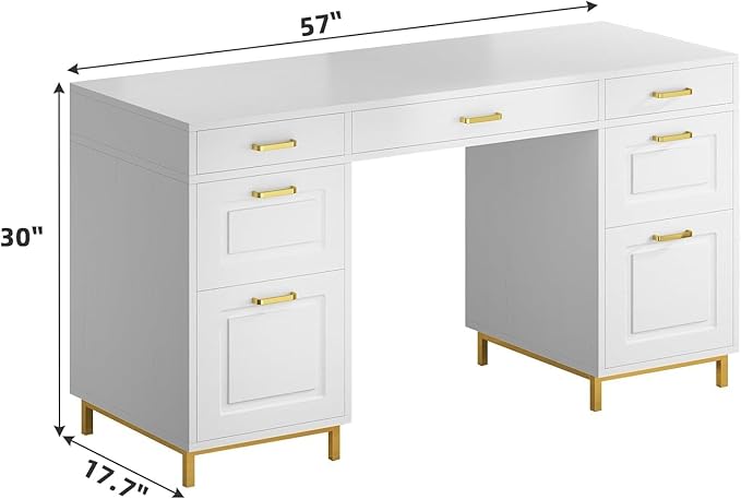 White and Gold Desk with 2 File Drawers, 57 Inch Office Computer Desk with 7 Drawers, White Desk with Storage, Wooden Executive Desk for Office, Workspace for Work Study Writing