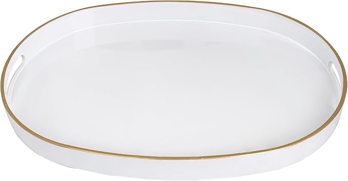 MAONAME White Decorative Tray, Oval Serving Tray with Handles, Plastic Trays for Coffee Table, Ottoman Trays for Living Room, Bathroom, 15.6" X 10.6" X 1.4"