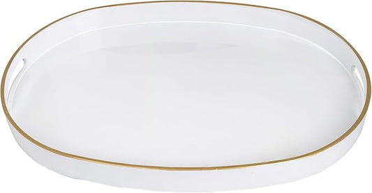 MAONAME White Decorative Tray, Oval Serving Tray with Handles, Plastic Trays for Coffee Table, Ottoman Trays for Living Room, Bathroom, 15.6" X 10.6" X 1.4"