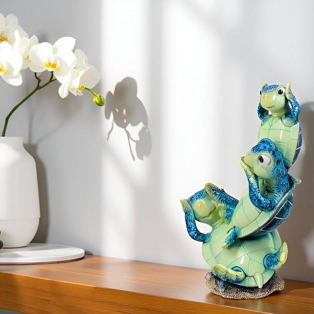 Resin Sea Turtle Statue - Baby Turtle Figurine for Home Decor, Feng Shui Wealth Lucky Charm, Cute Blue Ocean Decor, 9-Inch Tabletop Decoration Gift
