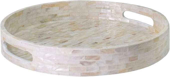 PEMAR 12.6” Mother of Pearl Round Serving Tray with Handles, Decorative Nacred Wooden Ottoman Coffee Table Tray (White Tiles)