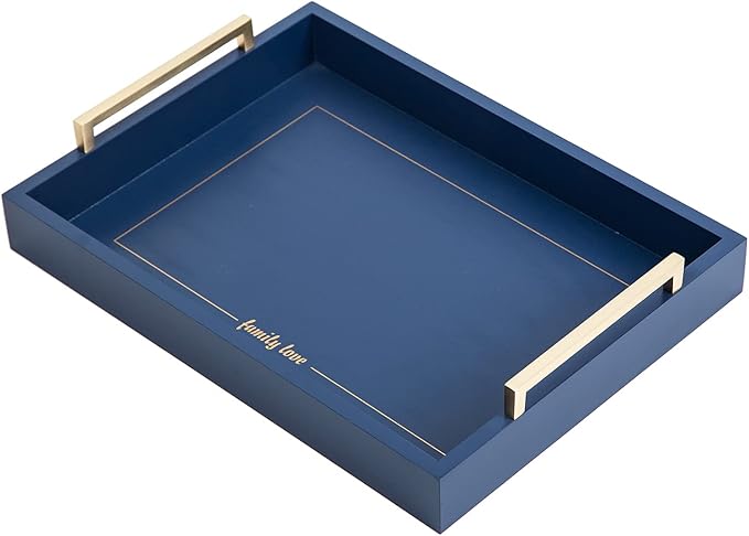 Decorative Coffee Table Ottoman Trays Modern Wood Elegant 16"x12" Rectangle Glossy Shagreen Serving Trays with Champagne Gold Handles -Drinks, Liquor Serving Platter for All Occasion's(Blue)