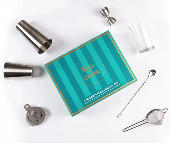 Shaken & Stirred Cocktail Set by Bull in China - Premium Bartender Gift Set w 2 Piece Weighted Shaker, Hammered Jigger, Hawthorne Strainer, Fine Mesh Strainer, Mixing Glass & Barspoon (Rainbow Chrome)