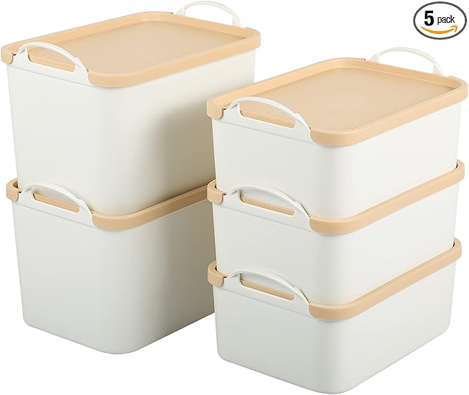 ANMINY 5PCS Plastic Storage Bins Containers with Lids, Large White Storage Organization Bins Boxes, Lidded Plastic Storage Baskets for Closet Shelves Drawers Desktop - 2 Medium 3 Small, Wheat Lids